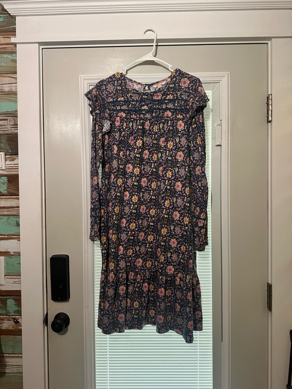Boden Navy Floral Long Sleeve Ruffle-Yoke Dress
